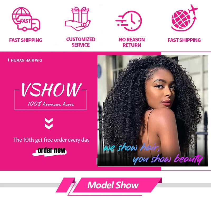 VSHOW Invisible Hairline 3 IN 1 Half Wig Yaki Kinky Straight Flip Over Elastic Drawstring Glueless Human Hair Wig For Beginner
