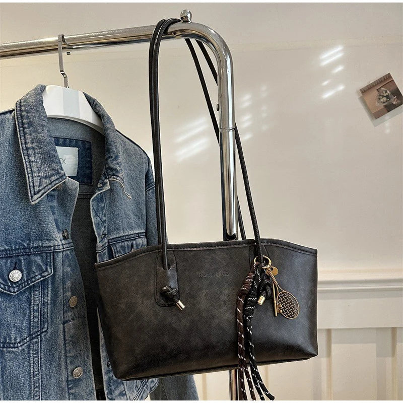 European American Retro Tote Bag, Korean Fashion Shoulder Bags Advanced Simple Handbag New Large Capacity Pendant Versatile Bags
