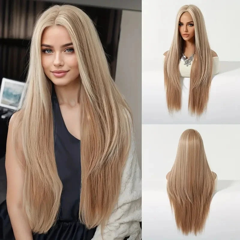 Long Ombre Blonde Synthetic Wigs Middle Part Natural Long Straight layering Wigs For Women Party Halloween Cosplay Daily Wear