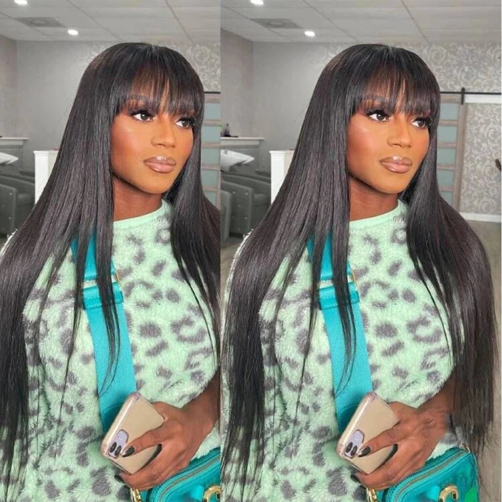 100% Human Hair Wigs Wear Go Glueless Straight Wig With Bangs Natural Black Color Straight Machine Made Wig with Fringe Bobbi