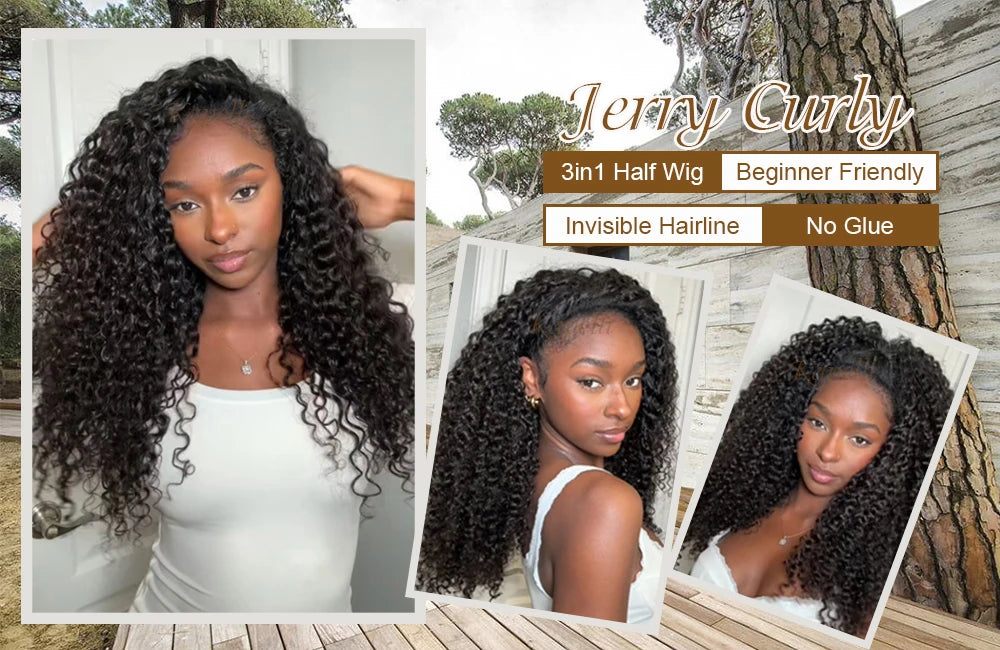 Half Wig Human Hair Kinky Curly Glueless Wig Human Hair Ready to Wear 3 IN 1 Half Wig With Drawstring 250 Density Curly Half Wig