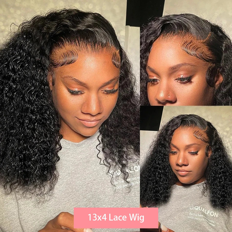 Curly Deep Water Wave 13x4 HD Lace Front Wigs Glueless Short Bob Wig Brazilian 100% Human Hair 4x4 Transparent Lace Frontal Wig