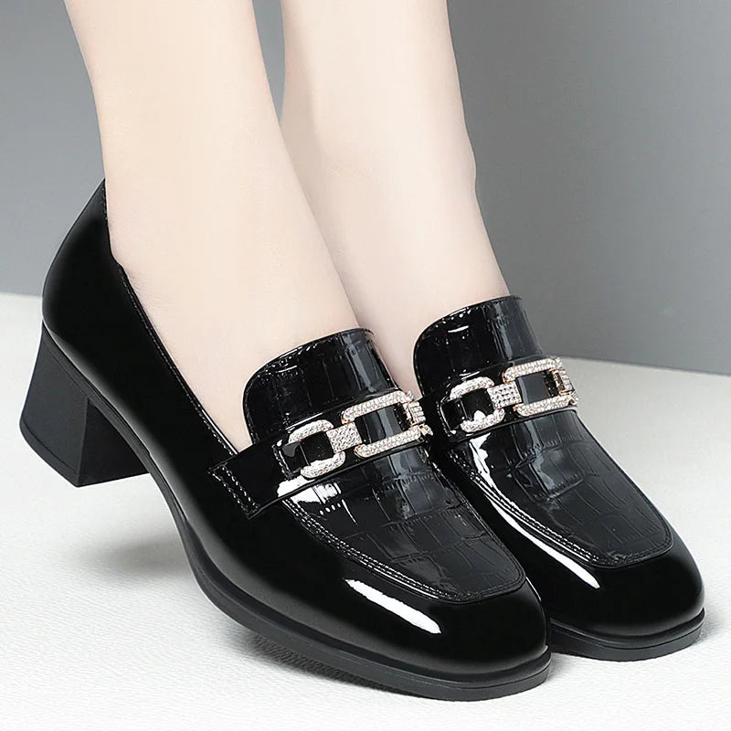 Spring Autumn Ladies Pumps Shallow Shoes Patent Leather Soft Sole Crystal High Heels  Loafers Fashion Breathable Single Shoe