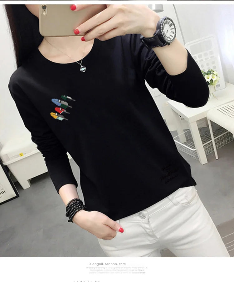 Long Sleeve T-shirt Women Simple Print Round Neck Top Loose Base Shirt Outdoor Wear Autumn Clothes
