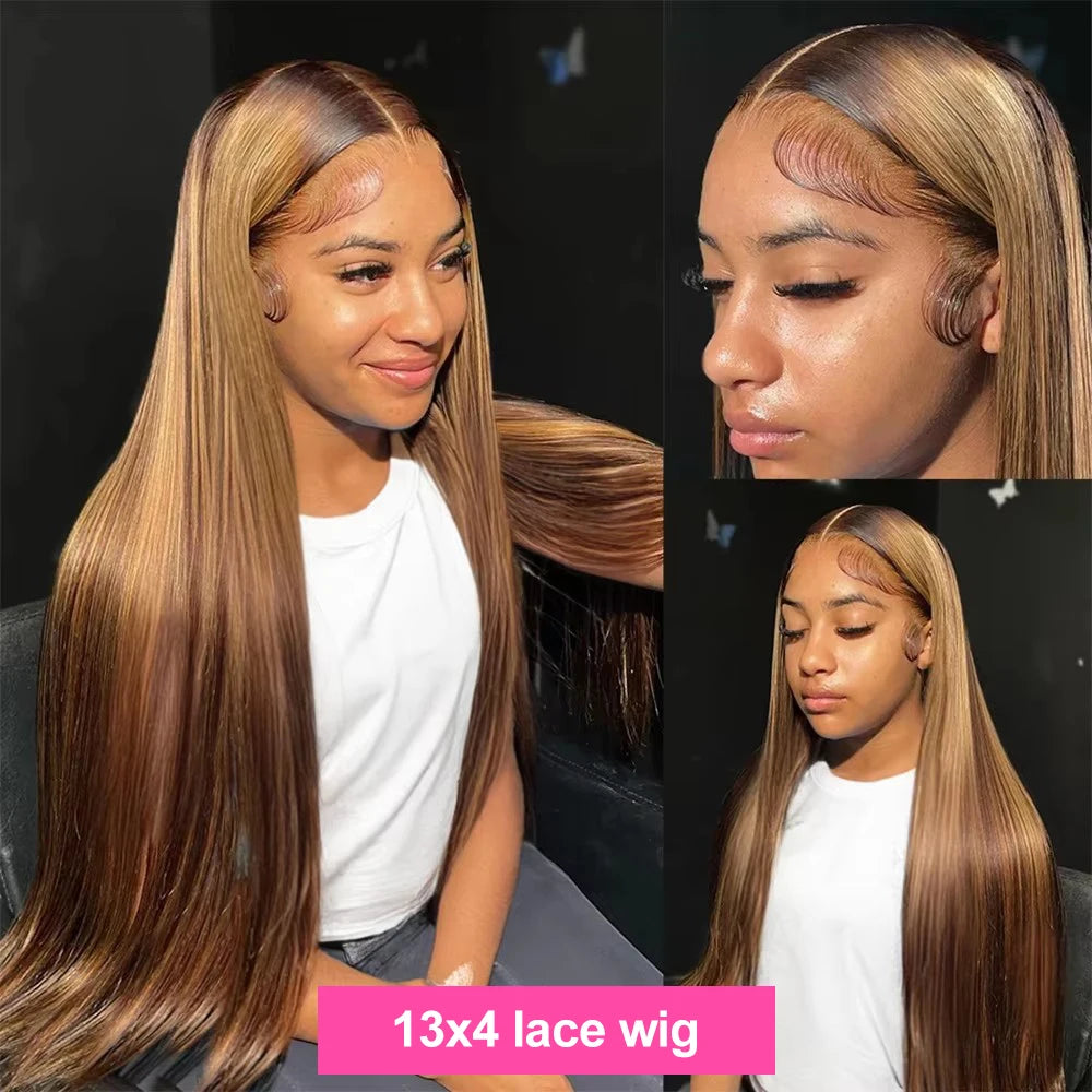 30 32 Inch 13x4 13x6 HD Highlight Ombre Straight Human Hair Wigs Honey Blonde Bone Straight Lace Front Human Hair Wig For Women