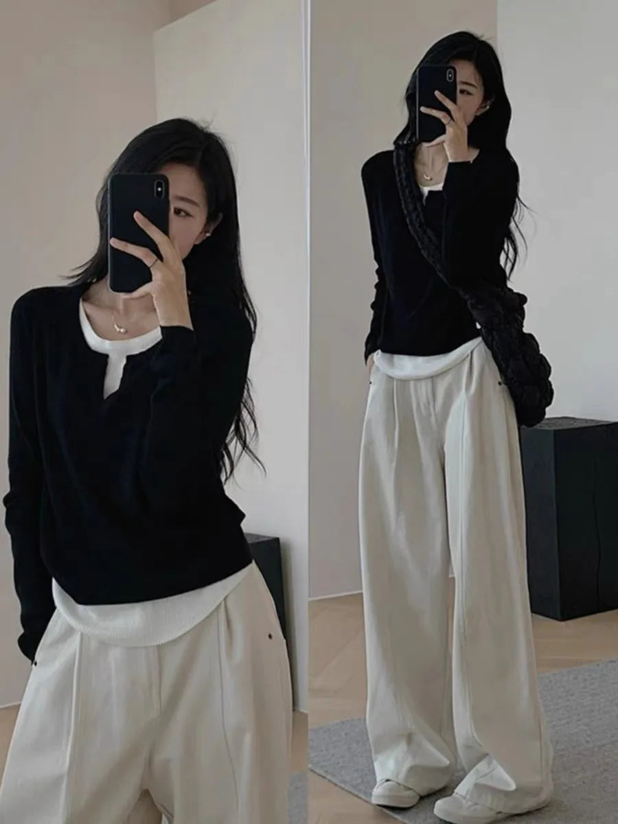 Y2k Black Fake Two Pieces Long Sleeves Shirt Women Autumn Irregular Patchwork Tops Slim-fit Bottom Knit Shirts Aesthetic Clothes