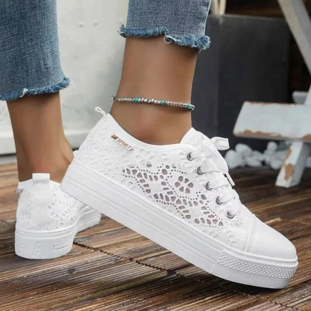 Women Shoes Fashion Summer Casual White Shoes Cutouts Lace Canvas Hollow Breathable Platform Flat Shoes Woman Sneakers