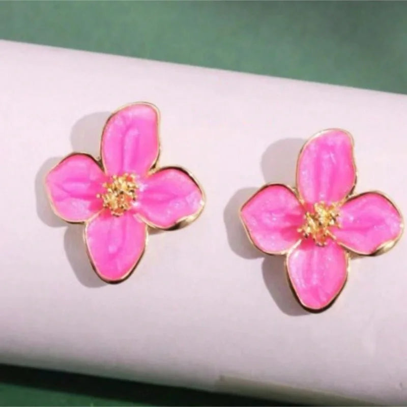Hibiscus Dropped Glaze Flower Stud Earrings for Women Girl French Vintage 2025 Fashion Korean Wedding Romantic Jewelry Gifts