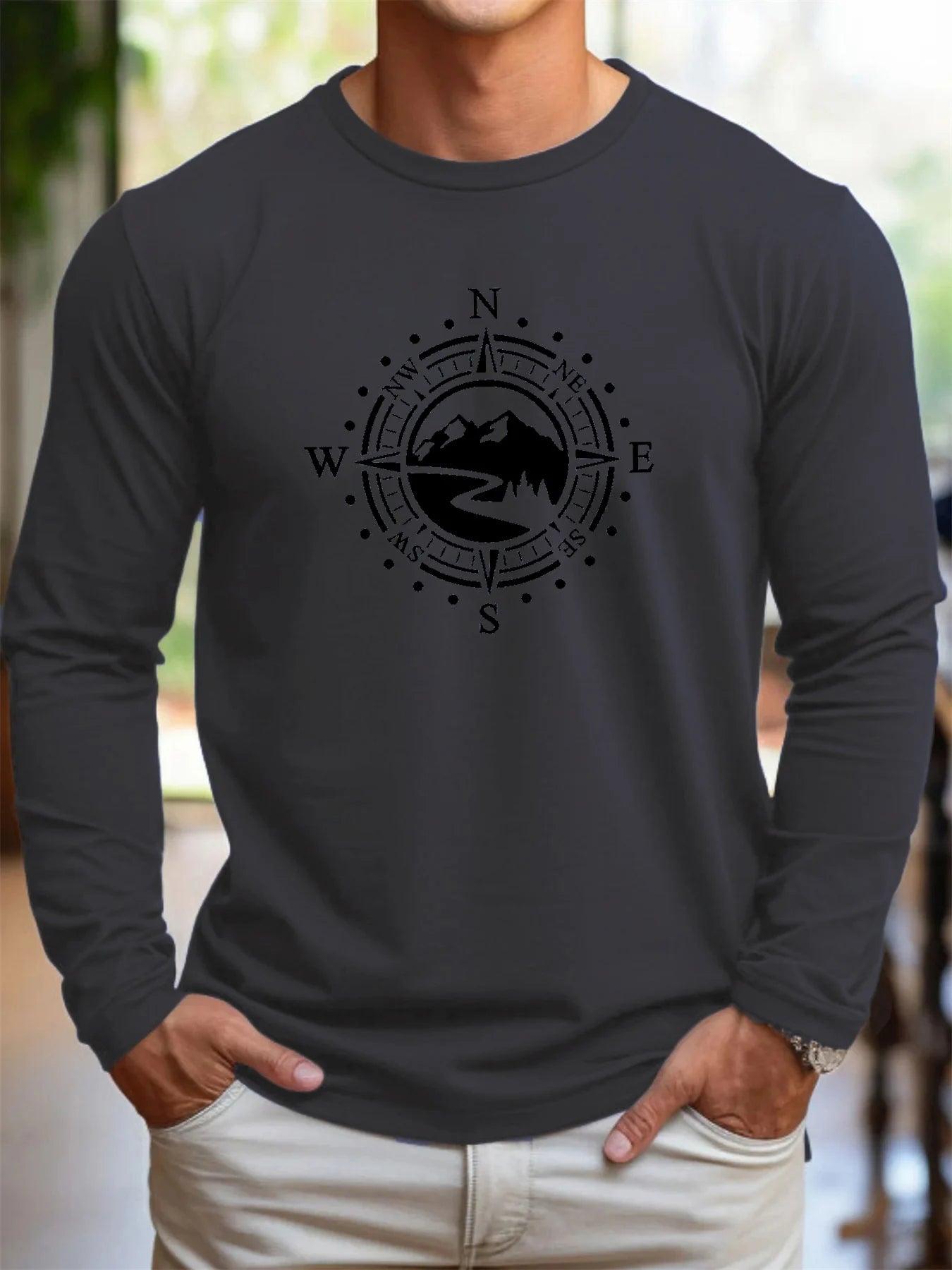 Men's 100% pure cotton loose fit comfortable sports and leisure mountain compass pattern printed round neck long sleeved T-shirt