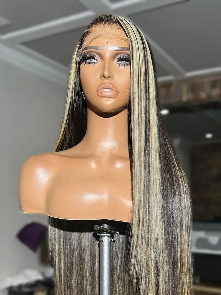 1B/27 Black and Blonde Highlights Bone Straight 13x4 HD Lace Front Human Hair Wigs 200% Brazilian Colored Lace Frontal Wig
