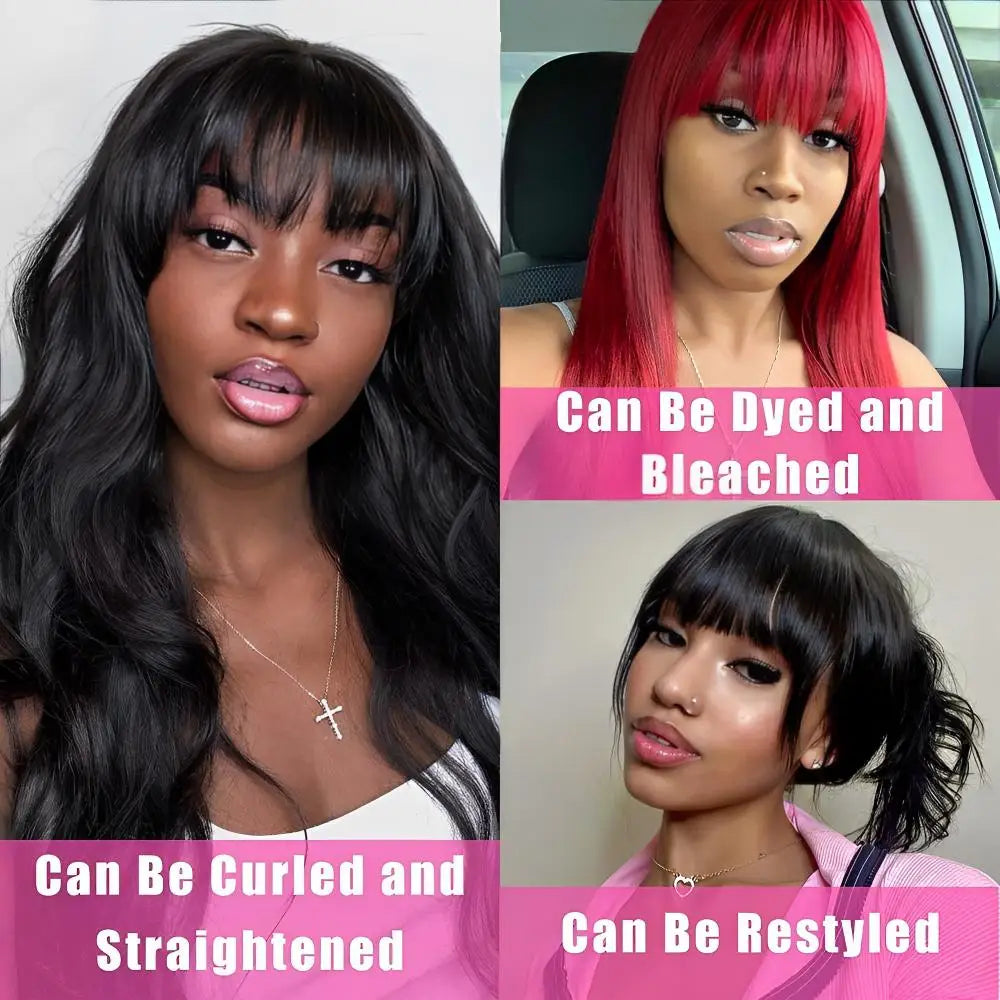 100% Human Hair Wigs Wear Go Glueless Straight Wig With Bangs Natural Black Color Straight Machine Made Wig with Fringe Bobbi