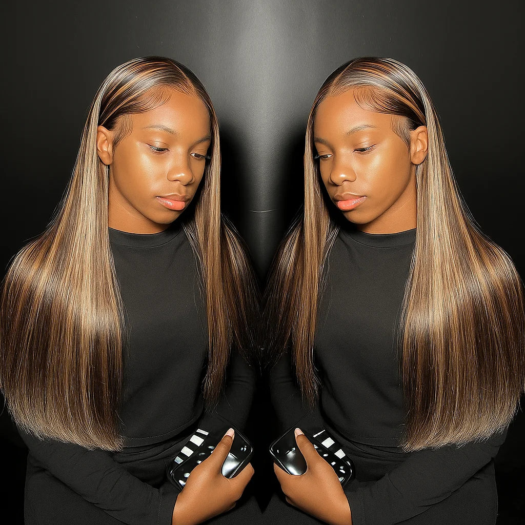 Brown With Gold Gradient Straight Hair Wigs Glueless 5x5 HD Lace Closure Wig Gold Omber Highlight Human Hair Wig Colored Wigs