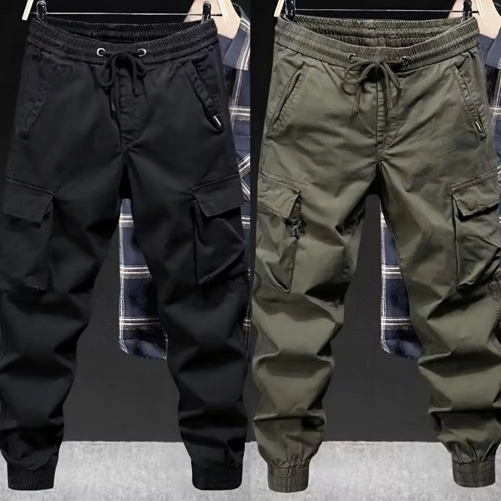 Multi-pocket Overalls Men's Cargo Pants with Drawstring Waist Multiple Pockets Ankle-banded Design for Daily Sports Streetwear