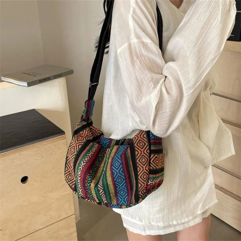 Tribal Style Shoulder Bag, Foldable Crossbody with Zipper Closure, Striped Pattern, Flag Theme Hand Washable Edge Painted Lining