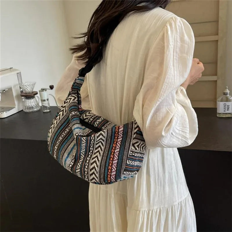 Tribal Style Shoulder Bag, Foldable Crossbody with Zipper Closure, Striped Pattern, Flag Theme Hand Washable Edge Painted Lining