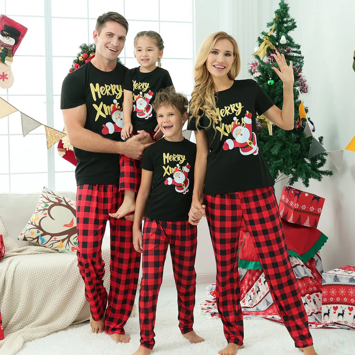 Merry Xmas Pjs Family Matching Outfits Santa Claus Print Mom Dad Kids Clothing Set Sleepwear Baby&Dog Romper Christmas Pajamas