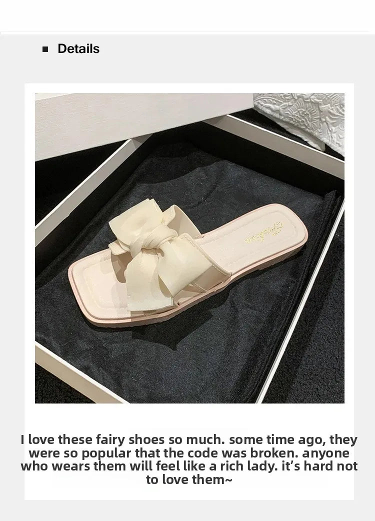 Fashionable Butterfly Knot Flat Bottom Slippers Women's Summer Outdoor Wear Soft Bottom Home Slippers Versatile Fairy Wind Cool