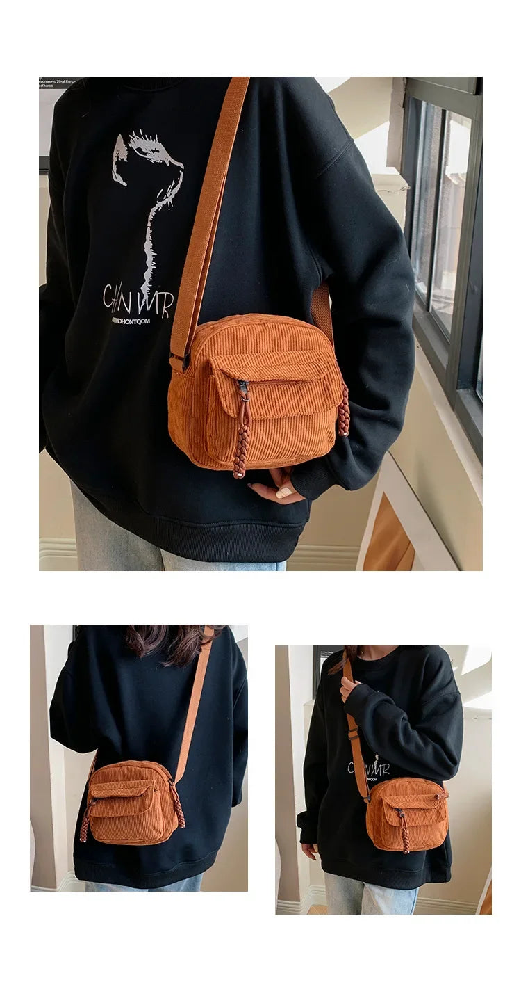 Corduroy Daily Handbag Fashionable Versatile Shoulder Bag for Women Multi-Compartment Zipper Closure Commute Women's Tote Bag