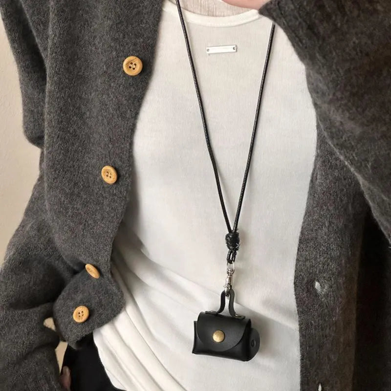 Retro Cute Small Leather Bag Long Necklace for Women Fashion Sweater Chain Neck Hanging Jewelry Versatile Accessory Gift