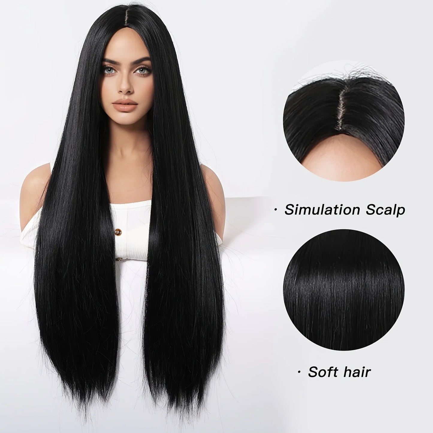 Elegant 28 Inch Black Straight Synthetic Wig for Women, High Temperature Fiber, 150% Density, with Rose Net Cap, for Parties and