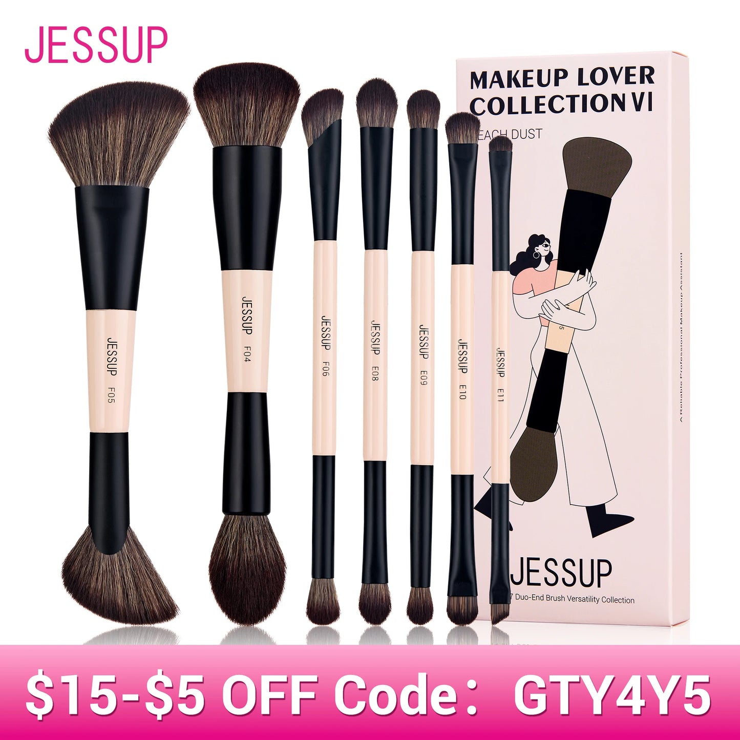 Jessup Makeup Brushes Set, 3/5/7pcs Double Sided Makeup Brush Foundation Eyeshadow Powder Blending,Cruelty-Free Peach Dust T600