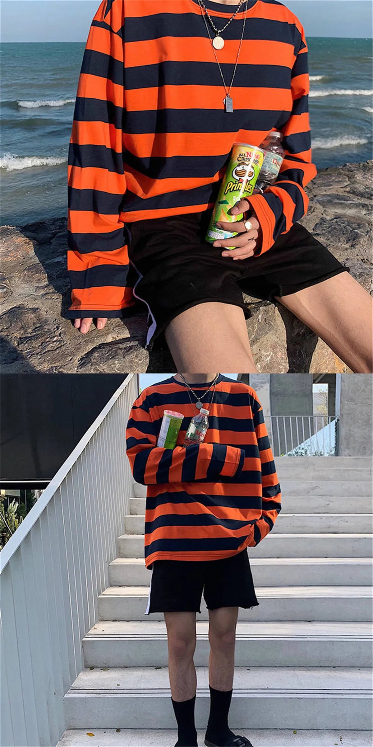 2023 Cool Autumn Fashion Mens Strip T Shirt Korean Hip Hop Casual Tops Women Loose Tops Ulzzang Clothes Males White T Shirts