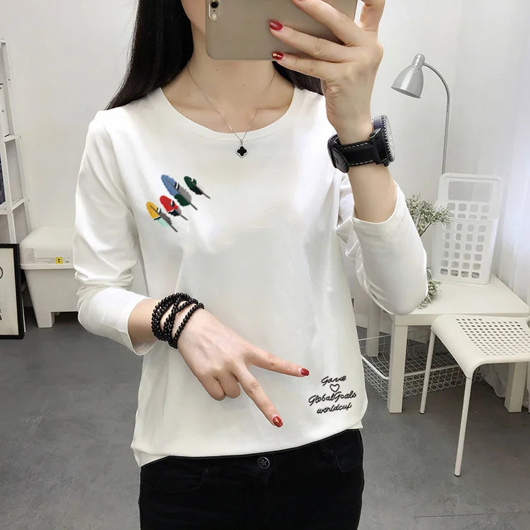 Long Sleeve T-shirt Women Simple Print Round Neck Top Loose Base Shirt Outdoor Wear Autumn Clothes