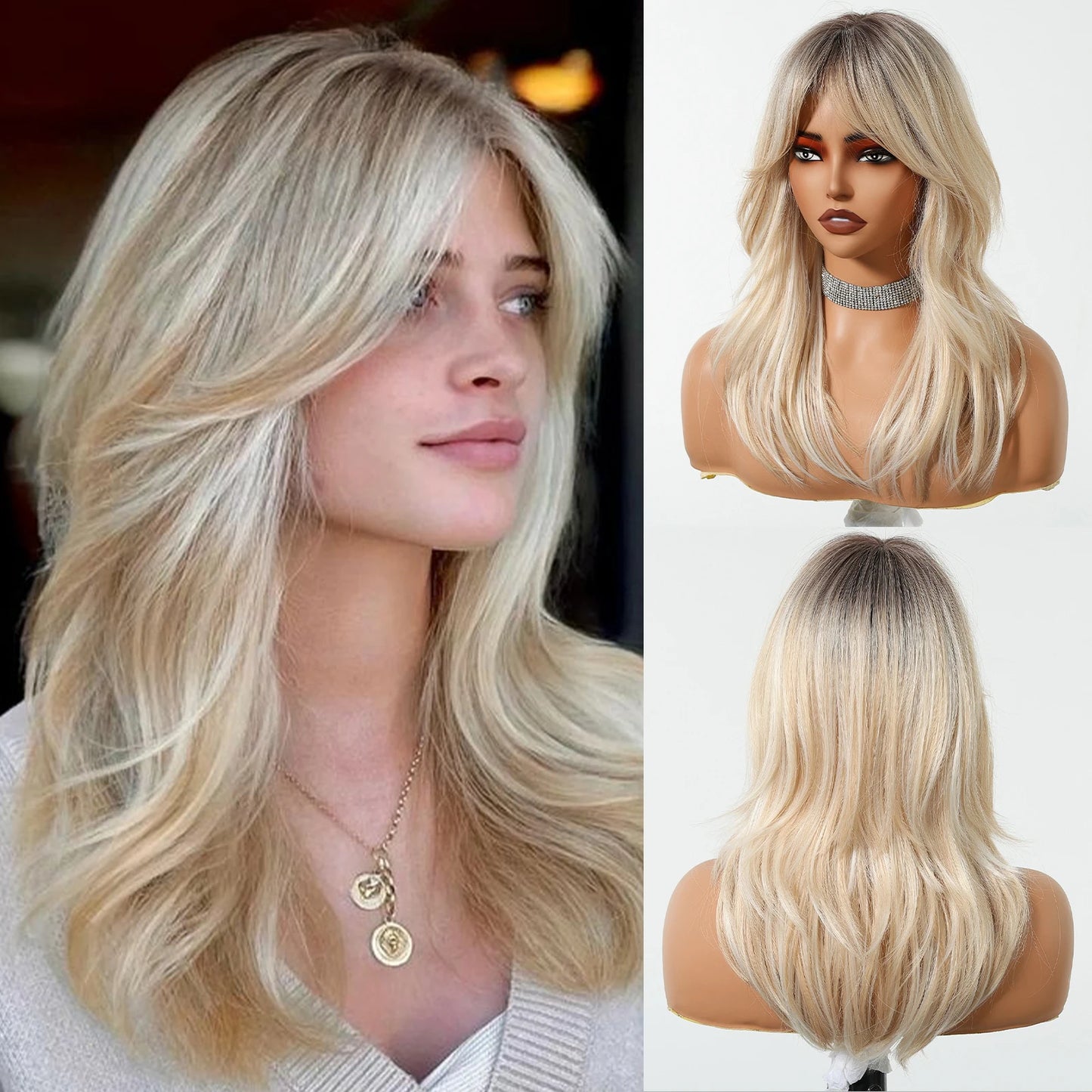 Elegant Curly Wave Ash Blonde Wig Synthetic Hair with Bangs Long Women Party Cospaly Wig 100% Tang Long  Heat Resistant Fiber