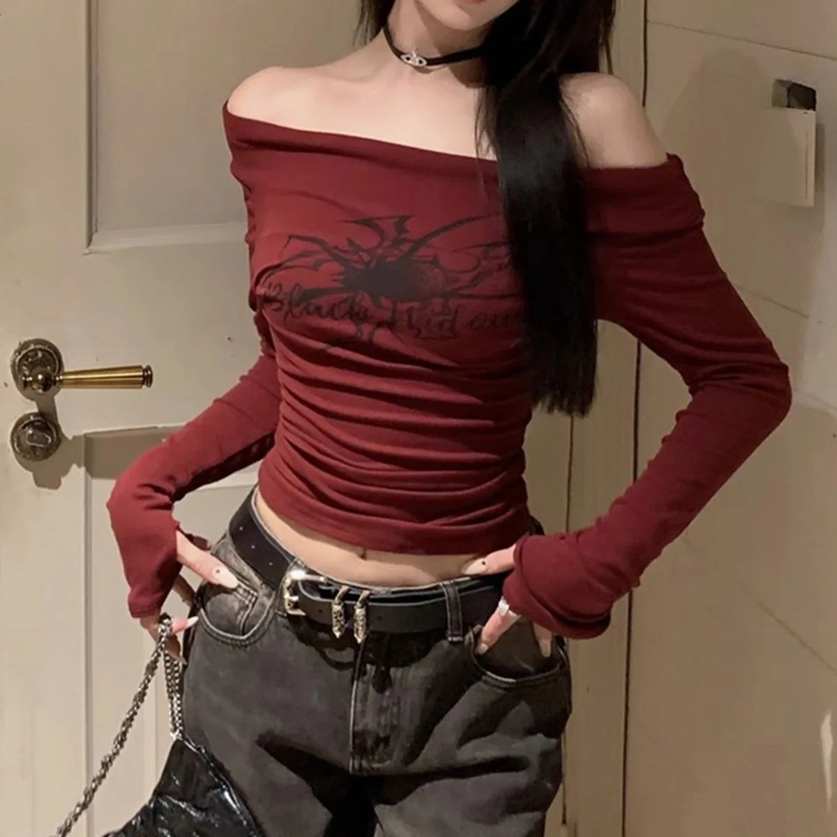 Gothic Print Grunge T-Shirts Women Long Sleeve Off the Shoulders Tops Y2K Clothes Streetwear Shirt Korean Style Vintage Crop Top