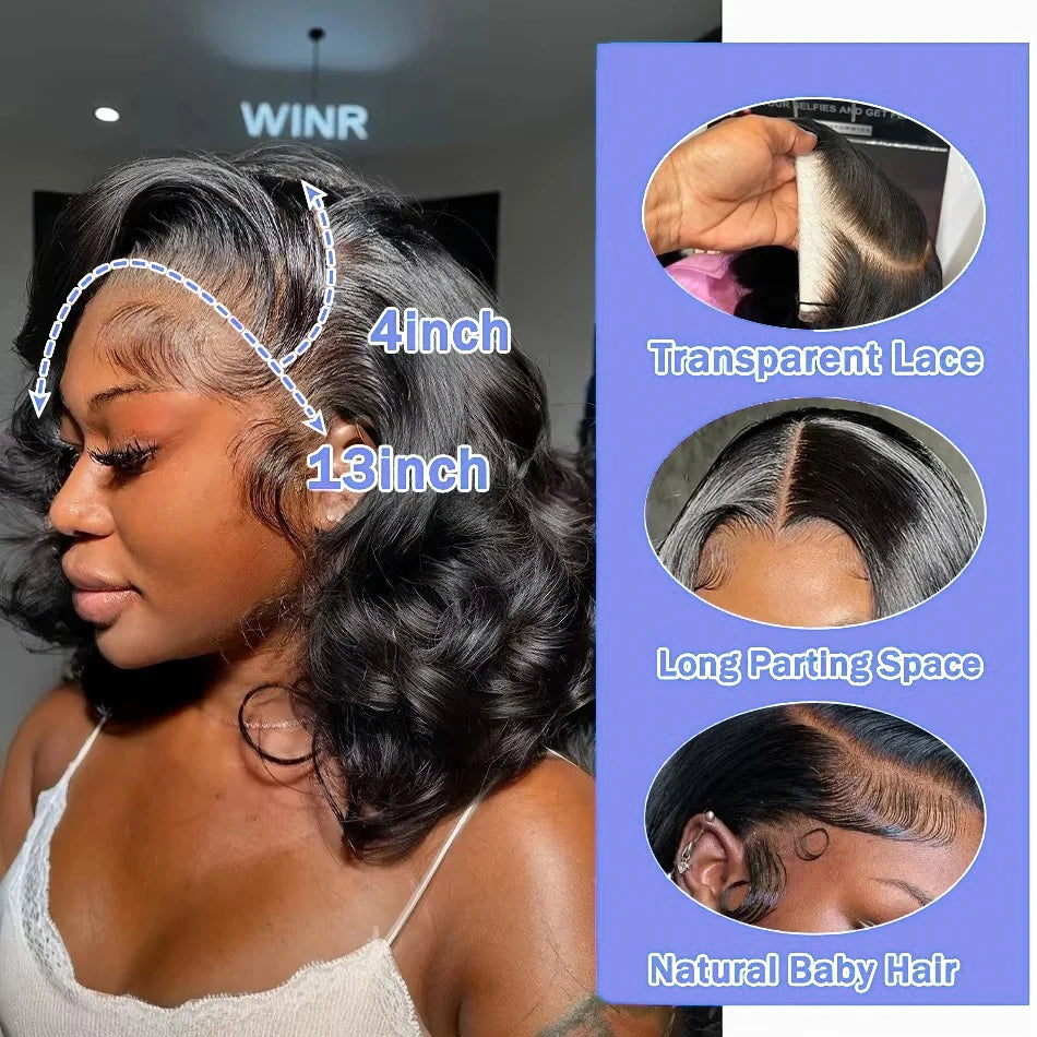 100% Human Hair Body Wave Bob Black Wig Loose Wave 13x4 Lace Front Short Wigs 4x4 Closure Bob Wig with Baby Hair For Women 14 IN