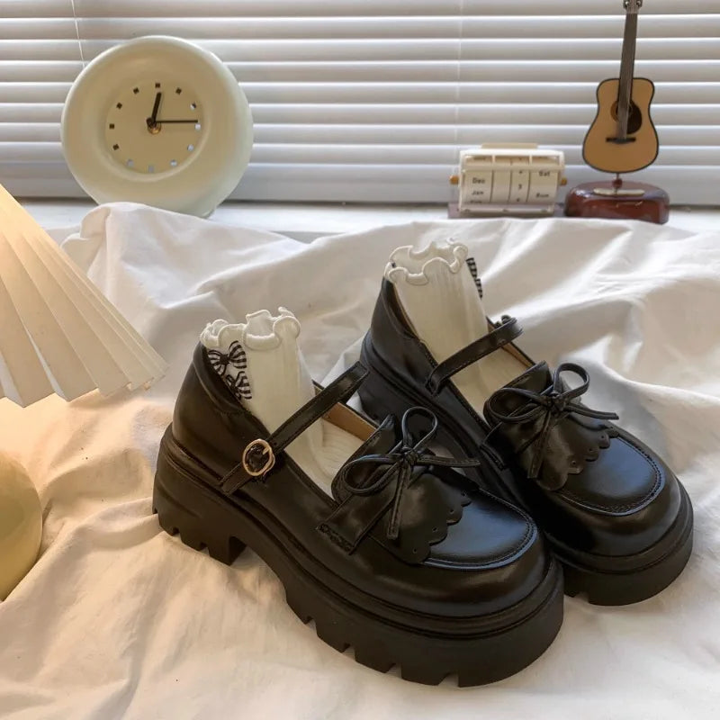 Kids Shoes Black Leather Mary Janes Girls Shoes Bow Thick Sole Casual Party Shoes Toddler Little Girls Fashion Footwear Shoes