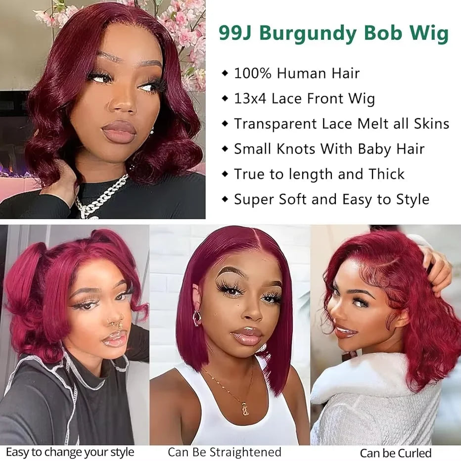 Brazilian 230% 99J Bouncy Curly Bob 13x4 HD Lace Front Human Hair Wigs 99J Burgundy Body Wave Bob Wig Short Curly Human Hair Wig