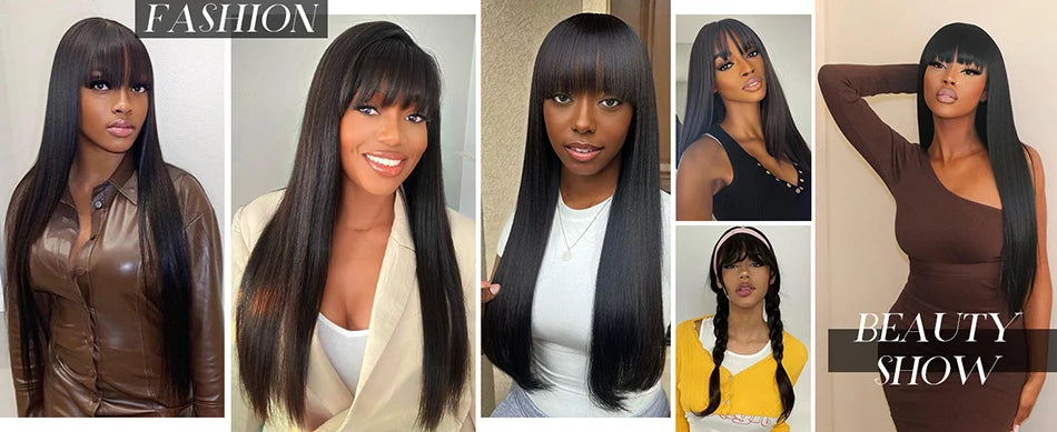 100% Human Hair Wigs Wear Go Glueless Straight Wig With Bangs Natural Black Color Straight Machine Made Wig with Fringe Bobbi