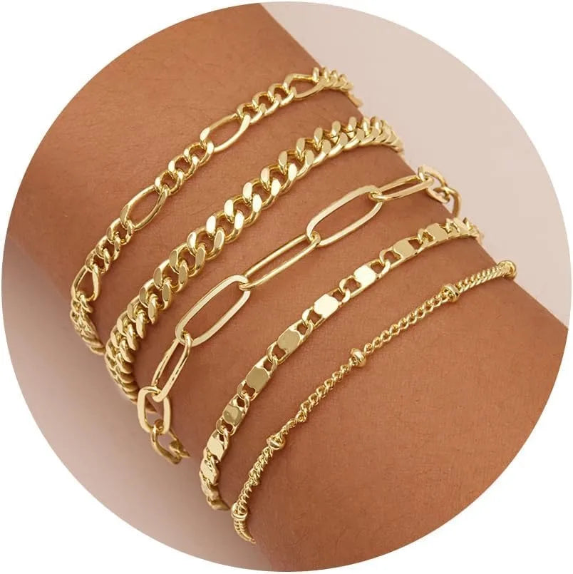 Gold Bracelets Set for Women,14K Gold Plated Dainty Gold Link Chain Bracelets Trendy Stackable Gold Cuff Bracelets Jewelry Gifts