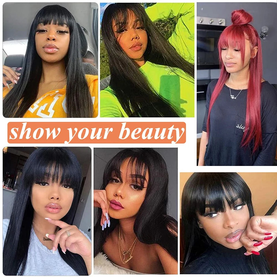 Wig With Bangs Fringe Wigs Human Hair Wig For Women Brazilian 100%Human Hair Sale Bangs Wig Full Machine Made Remy Hair Glueless