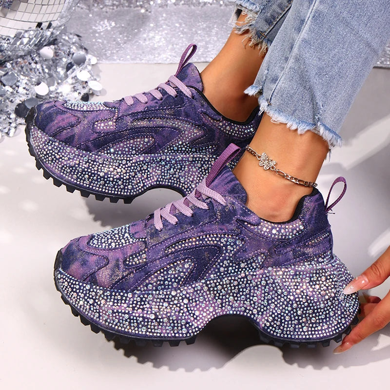 Luxury Rhinestone Chunky Sneakers for Women Fashion Purple Denim Platform Sports Shoes Woman Non Slip Thick Sole Vulcanize Shoes