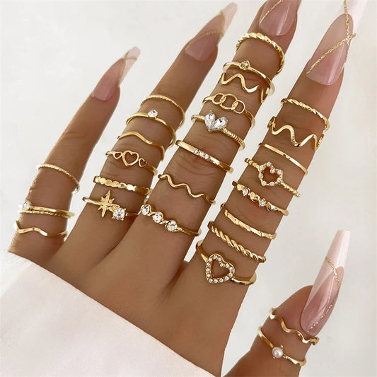 Fashion Geometric Knuckle Rings Set For Women Vintage Crystal Heart Gold Color Rings Girls Party Jewelry Accessories Gifts 2025