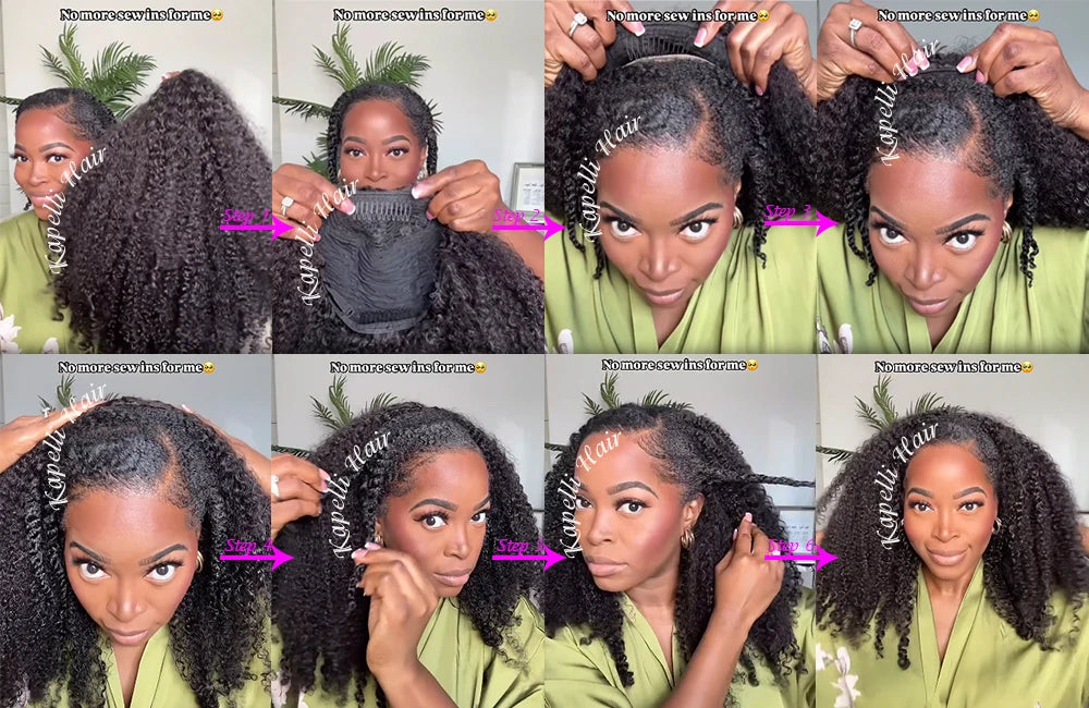 Half Wig Human Hair Kinky Curly Glueless Wig Human Hair Ready to Wear 3 IN 1 Half Wig With Drawstring 250 Density Curly Half Wig