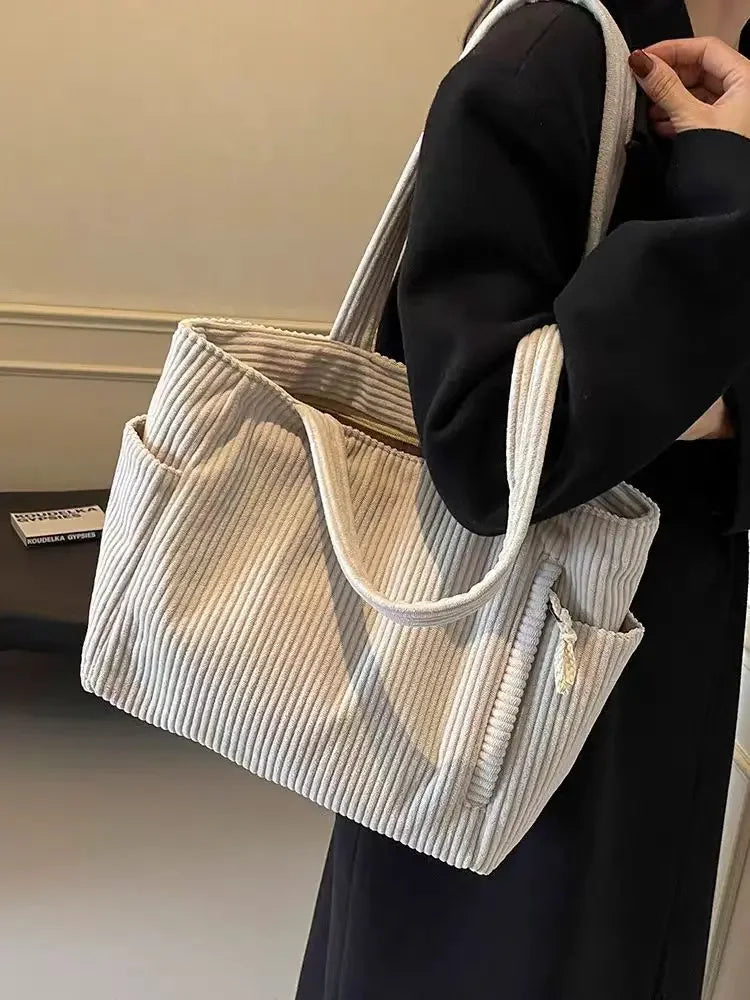 Corduroy Daily Handbag Fashionable Versatile Shoulder Bag for Women Multi-Compartment Zipper Closure Commute Women's Tote Bag