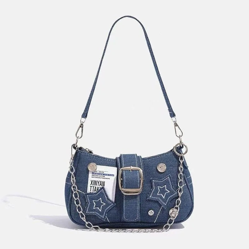 Y2k Fashion Women's Handbags Stars Pattern Cool Girls Underarm Bag Vintage Canvas Female Small Shoulder Bags Chain Tote Purses