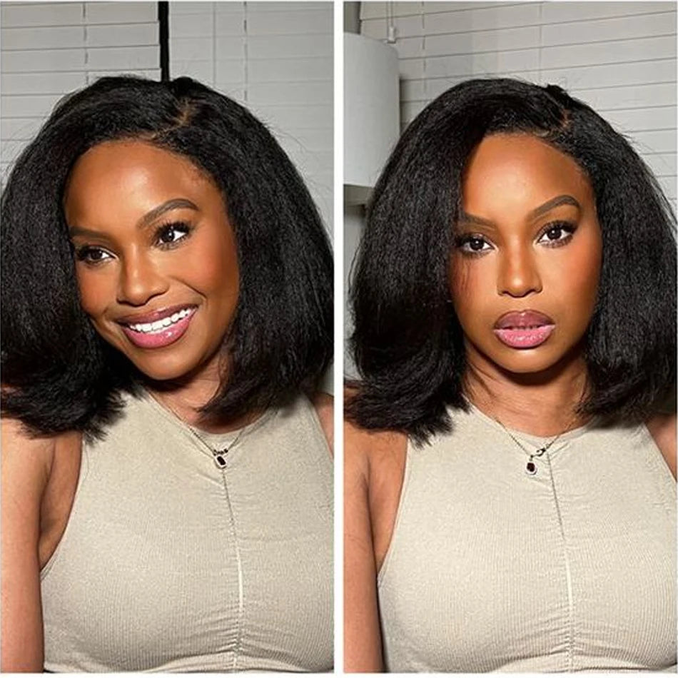 Kinky Yaki Straight Bob Lace Frontal Pre Cut Wigs 100% Human Hair Glueless Ready To Wear Short Bob HD Transparent Cheap Wigs