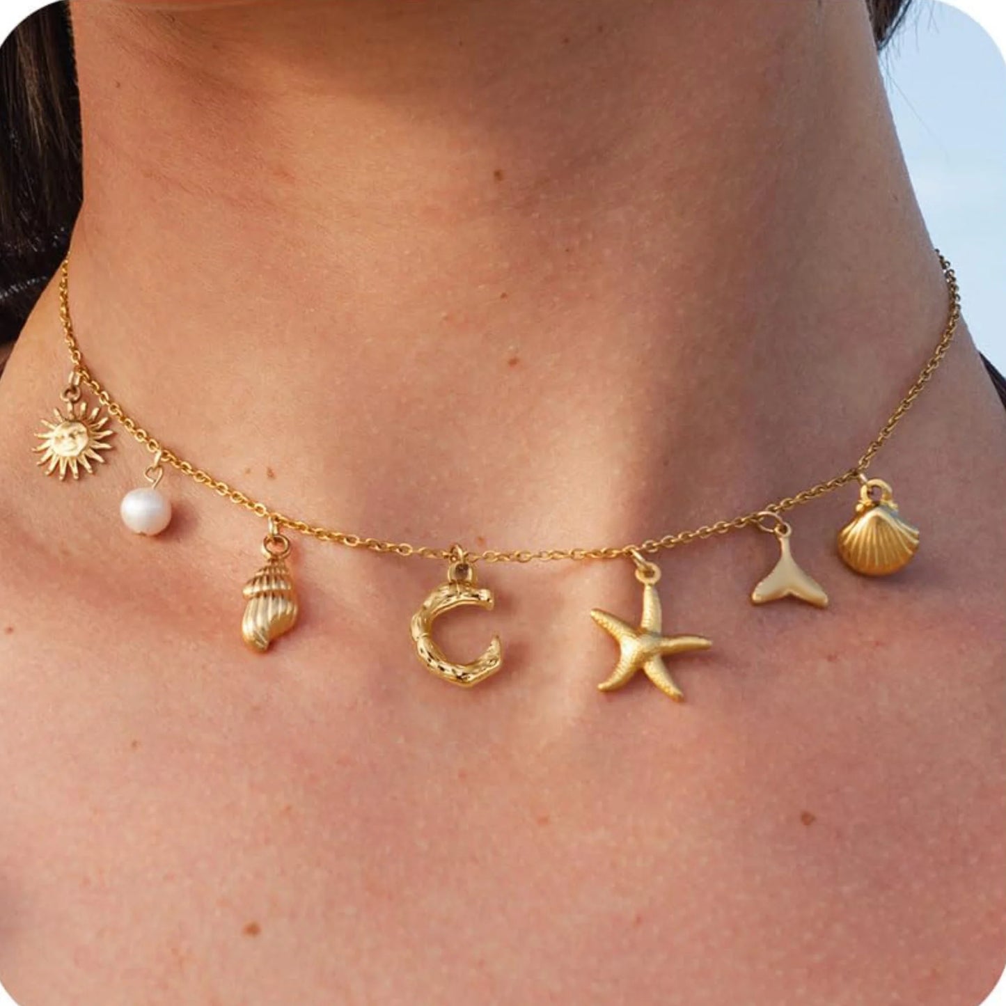 MHS.SUN Starfish Shell Initial Necklace Waterproof 18K Gold Plated Stainless Steel Charm Necklaces Surfer Girl Summer Beach Gift