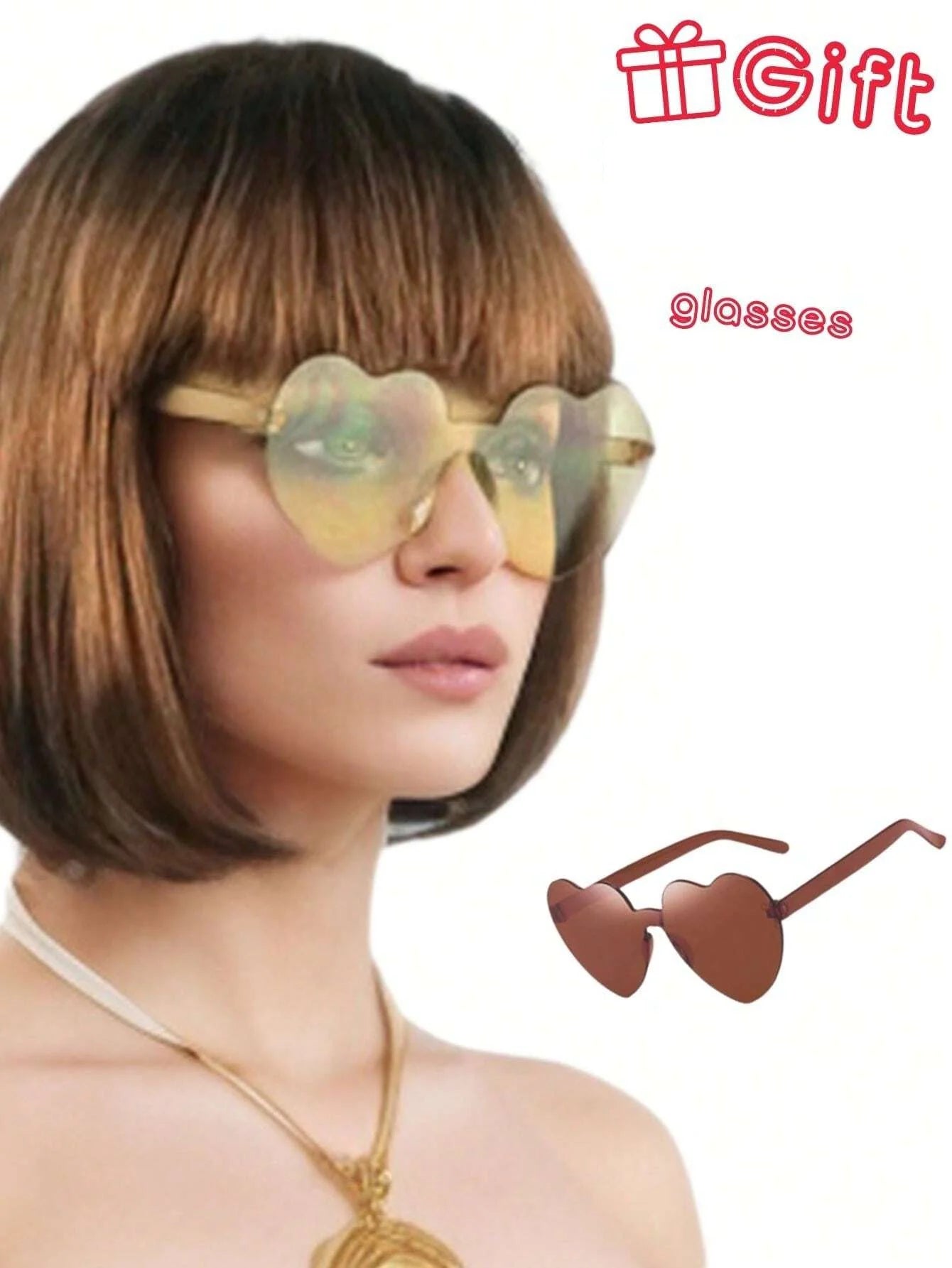 Halloween Party Prop Colorful Short Straight Bobo Wig, Funny & Novelty, With Free Frameless Heart-Shaped Sunglasses