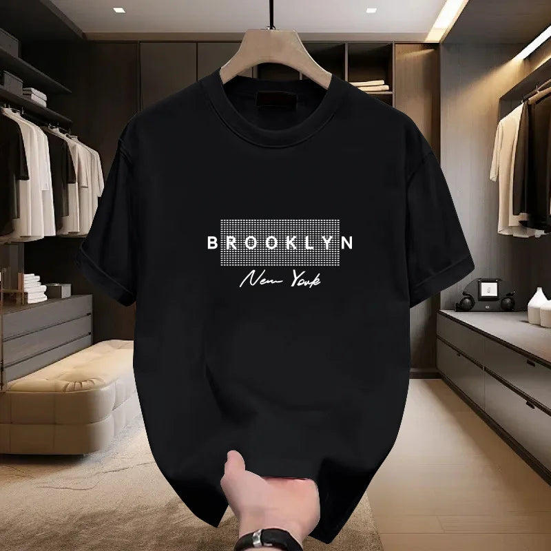 2025 Summer Fashion Men's Cotton Short sleeved T-shirt Round Neck Loose Letter Printed Moisture wicking and Sweating Top