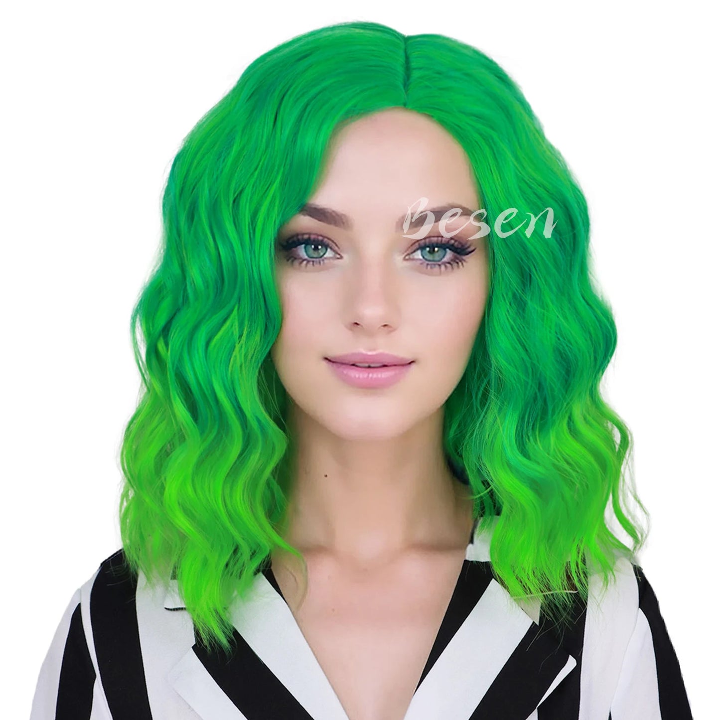 Synthetic Green Ombre Wig for Women Short Curly Wavy Green Bob Wigs Cosplay Halloween Wigs Heat Resistant Bob Party Wig