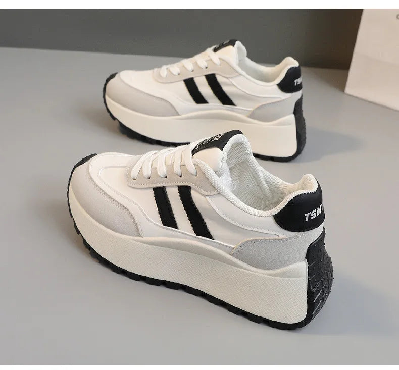 Spring Thick Bottom Women's Shoes 2025 Summer Casual Patchwork Leather Sneakers Casual Vulcanised Shoes Ladies Chaussure Femme