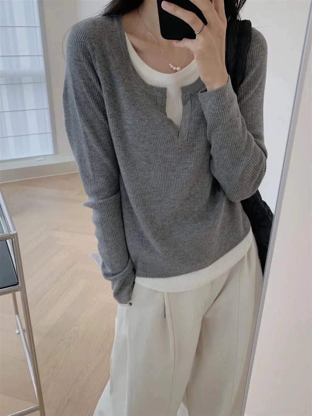 Y2k Black Fake Two Pieces Long Sleeves Shirt Women Autumn Irregular Patchwork Tops Slim-fit Bottom Knit Shirts Aesthetic Clothes