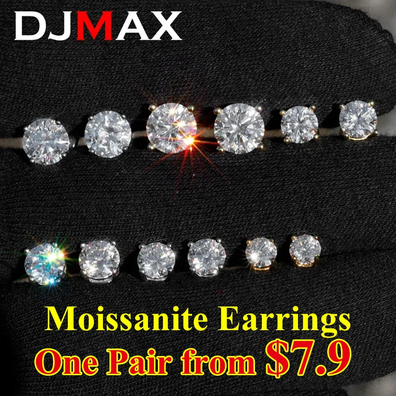DJMAX 0.5-2ct Moissanite Diamond Stud Earrings for Women Original 925 Sterling Silver Lady's Moissanite Earring New 2025