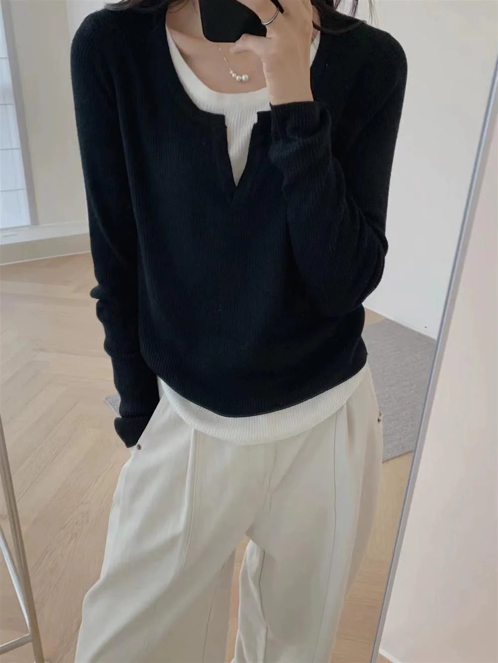 Y2k Black Fake Two Pieces Long Sleeves Shirt Women Autumn Irregular Patchwork Tops Slim-fit Bottom Knit Shirts Aesthetic Clothes