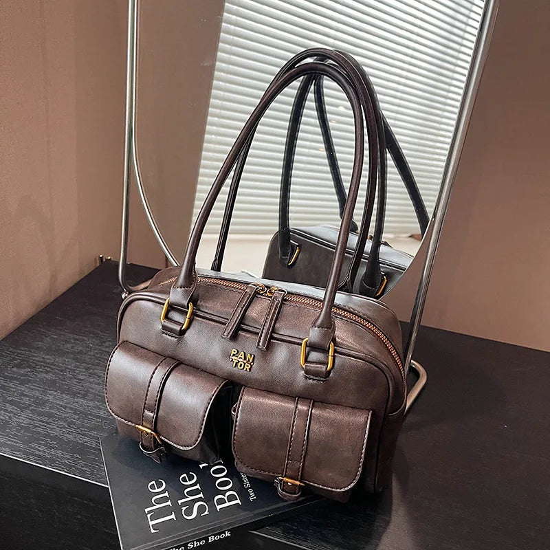 Women's Coffee Brown Multi-Pocket Handbag Shoulder Bag, Stylish Versatile Letter Crossbody Purse for Travel Work Shopping Dates